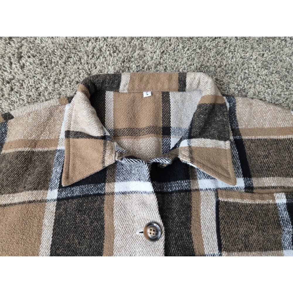Brown Plaid Flannel Shacket Button Down Drop Shoulder Oversized Shirt Size L - Picture 5 of 8
